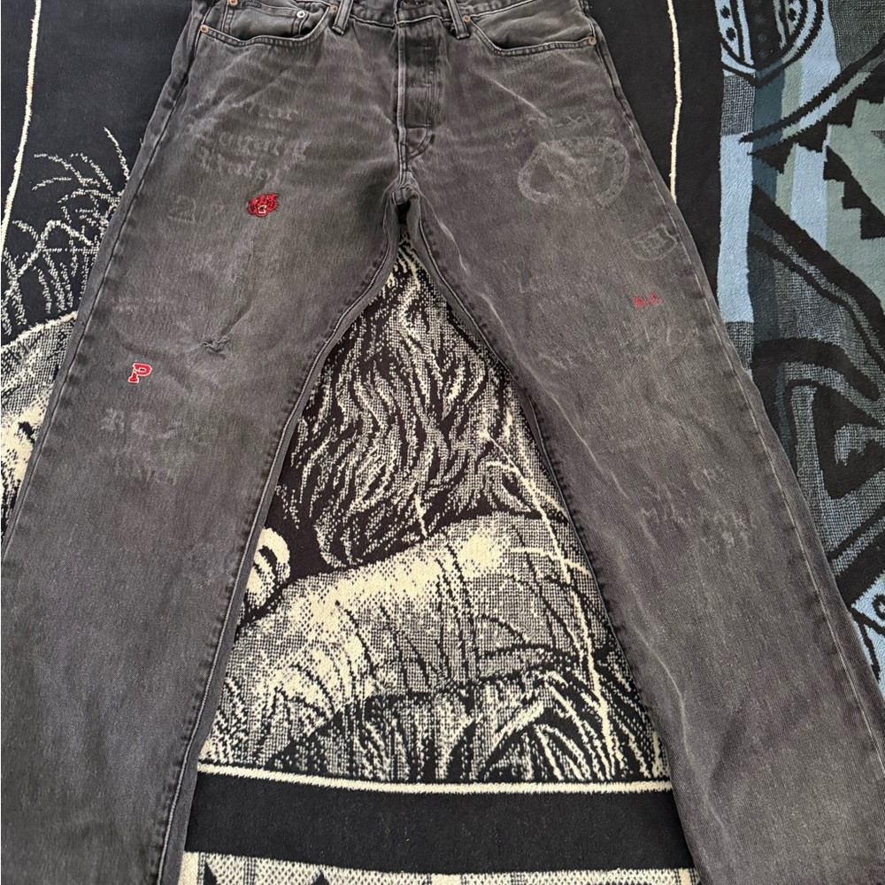 Polo Ralph Lauren Red Tiger/Trident Mascot Patchwork Washed Black Denim Jeans